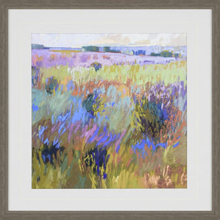 Beyond Artwork Assorted
Framed impressionist landscape painting of a grassy field with lavender fields and distant trees, featuring a white mat and a gray wood frame multicolor pink purple green blue brown abstract