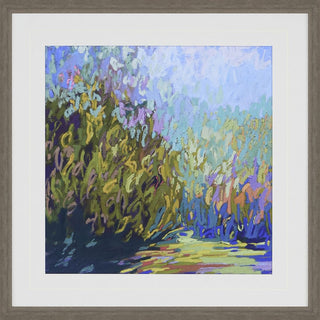Beyond Artwork Assorted
Framed impressionist landscape painting featuring a lush green and purple foliage scene with a reflective waterway under a soft blue sky, presented in a gray wood frame with a white mat.
