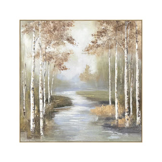 Birch Haven Floating Frame Canvas tree stream water brown sepia