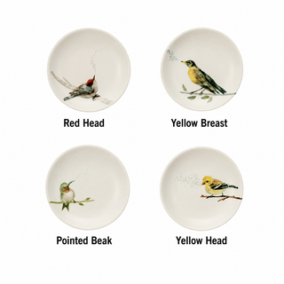 Bird on Branch Stoneware Dish Assorted red head yellow breast yellow head pointed beak blue