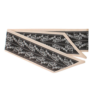 Black & Beige Bow & Flower Printed Narrow Silky Scarf


