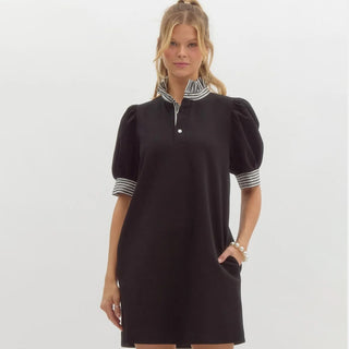 Black Dress with Striped Collar and Cuff
