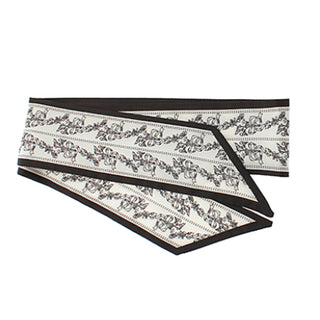 Black & Ivory Bow and Flower Printed Narrow Silky Scarf