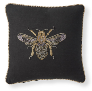 Black Linen w/Gold Piping Beaded Bee Pillow 18"
A square black throw pillow with a gold and lavender embroidered bee in the center and a twisted gold rope border, 