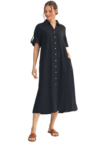 Black Side Slit Detail Button Down Woven Midi Dress