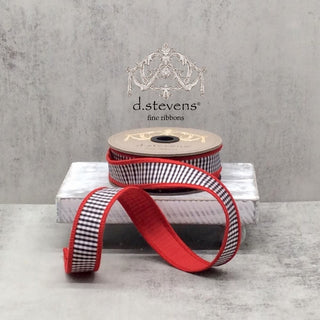 Black & White Mini Check Faux Dupion Ribbon with Red Back 1" - SOLD BY THE FOOT red edge Christmas