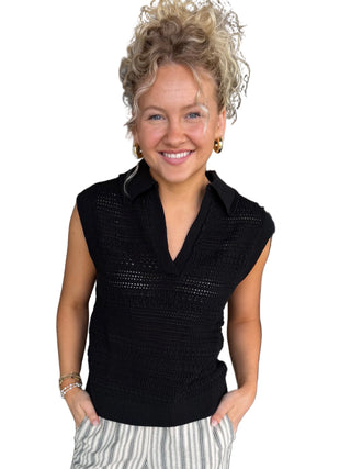 Blair Polo Black Sweater open weave