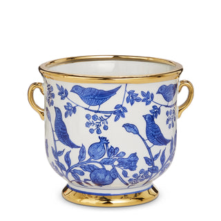 Blue Bird Cache Pot with Handles gold rim blue and white china