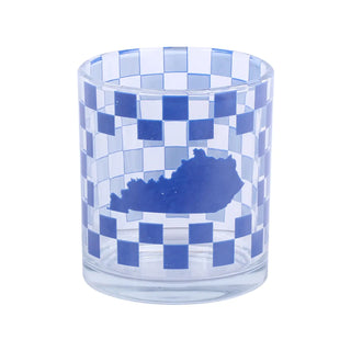 A Kentucky rocks glass with a blue checkerboard pattern and a silhouette of Kentucky. Blue Checkerboard Kentucky Rocks Glass