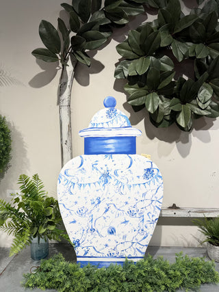 Blue Chinoiserie Ginger Jar Metal Art Stake with Easel blue and white easel stake