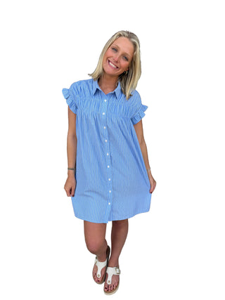 Woman in a blue striped dress 