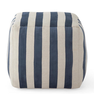 Cube-shaped ottoman with blue and beige vertical stripes on a white background. 18" Blue Velvet & Natural Cotton Striped Pouf