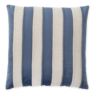 Striped pillow with blue and natural vertical stripes on a white background. Blue Velvet & Natural Cotton Striped Square Pillow 20"