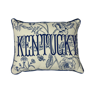 A rectangular pillow with a blue and white floral pattern and the word 'KENTUCKY' across the center in bold letters.
