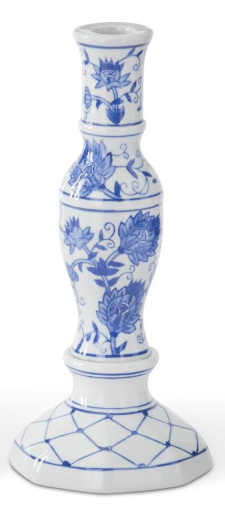 White candle holder with blue floral patterns on a white background. Blue & White Chinoiserie Taper Candleholder Assorted