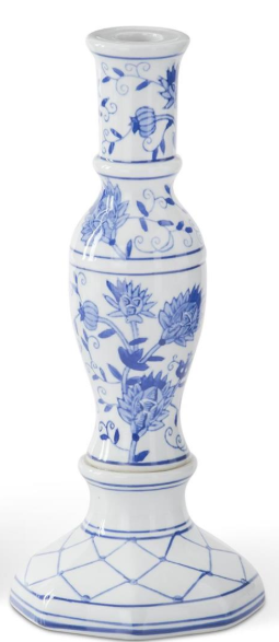 White candle holder with blue floral patterns on a white background. Blue & White Chinoiserie Taper Candleholder Assorted