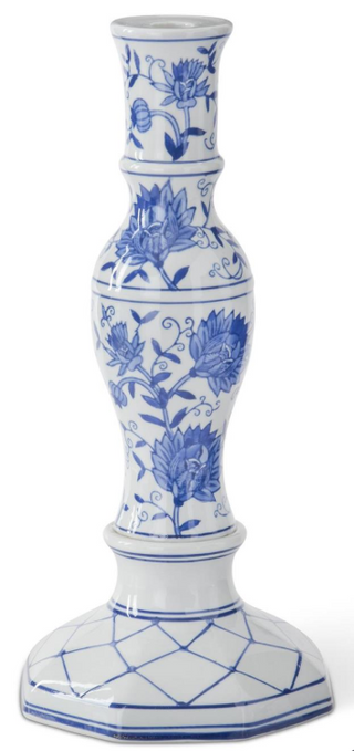 White candle holder with blue floral patterns on a white background. Blue & White Chinoiserie Taper Candleholder Assorted