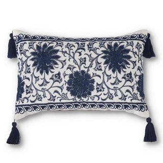 Blue & White Embroidered Mandala Pillow with Tassels