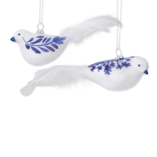 Blue & White Glass Bird Ornament with Feather Tail Assorted