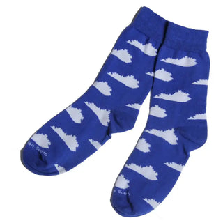 A pair of blue and white socks with a cloud pattern, displayed against a white background. Kentucky Socks