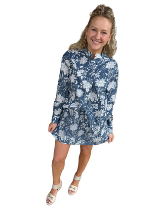 Woman in a blue floral top