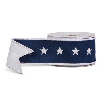 Blue and White Star Wired Ribbon 2.5" - Sold by the Foot navy white star white back patriotic america