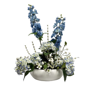 Blue Delphinium/Hydrangea white bowl Arrangement