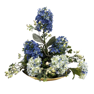 Blue Hydrangea in Gold Plate Arrangement