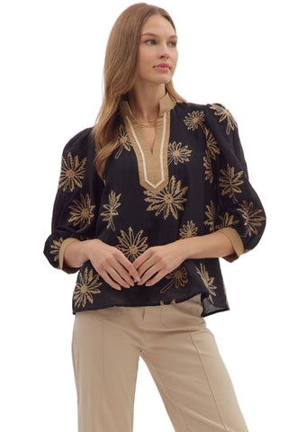 Botanical Embroidery 3/4 Puff Sleeve Top Featuring Contrast V-Neck Band in Black