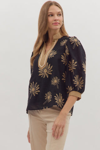 Botanical Embroidery 3/4 Puff Sleeve Top Featuring Contrast V-Neck Band in Black