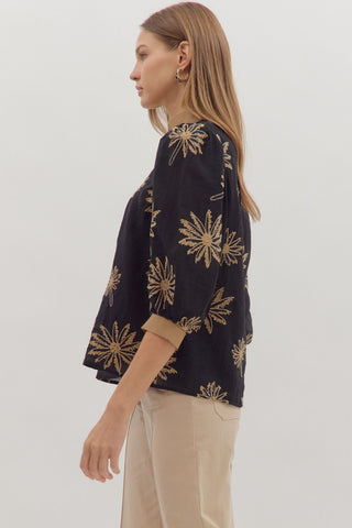 Botanical Embroidery 3/4 Puff Sleeve Top Featuring Contrast V-Neck Band in Black