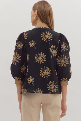 Botanical Embroidery 3/4 Puff Sleeve Top Featuring Contrast V-Neck Band in Black