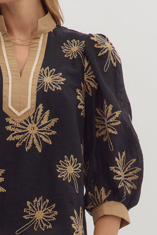 Botanical Embroidery 3/4 Puff Sleeve Top Featuring Contrast V-Neck Band in Black
