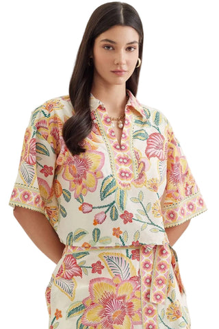 Botanical Print Short Sleeve Top in Pink