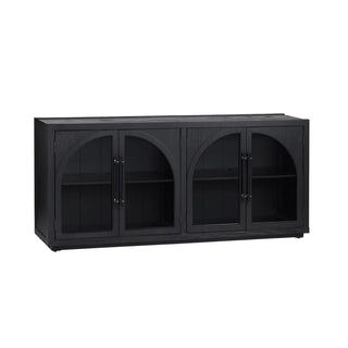 Braxton Four-Door Sideboard in Black glass door silver accent on bar handle