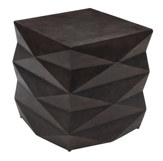 A brown wooden end table with a prism-like textured design.