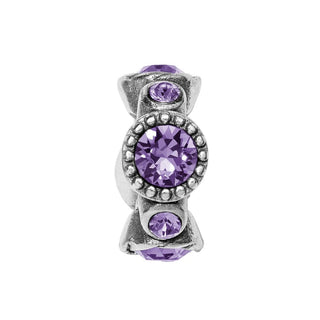 A purple amethyst halo stargazer spacer bead with surrounding small clear beads and a metallic band. Brighton