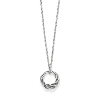 Silver necklace with a spiral pendant on a white background. Brighton