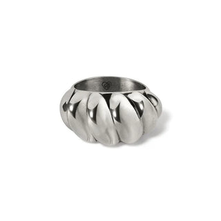 A silver ring with a ridged, geometric design, inspired by the architecture of ancient Greece.