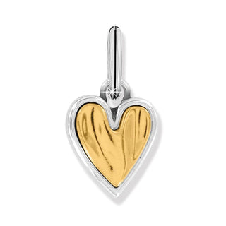 A silver heart-shaped charm with a two-tone finish, featuring a textured surface on the lower half and a polished finish on the upper half.
