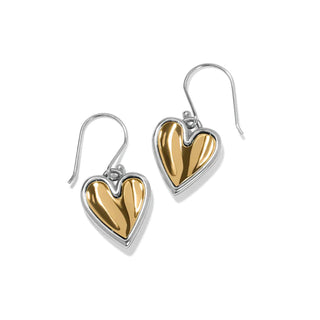 A pair of silver and gold colored French wire earrings designed to resemble heart shapes, with a sculpted finish mimicking water ripples. Brighton Cascade Heart Reversible French Wire Earrings Silver