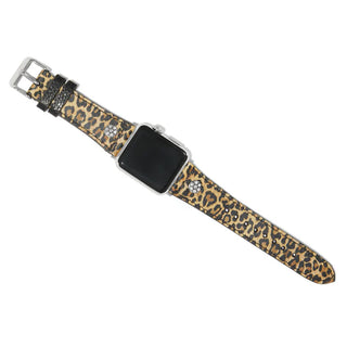 A leopard print leather watch band with silver accents and a buckle Brighton closure.