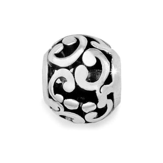 A black and silver bead with artful scrollwork design, likely used for crafting jewelry such as bracelets or necklaces. Brighton