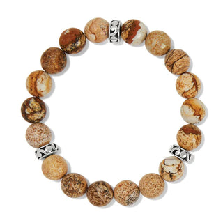 Bracelet with brown and beige beaded design on a white background. Brighton Contempo Desert Sky Sand Stretch Bracelet