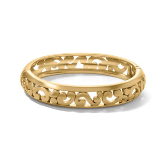 A gold hinged bangle bracelet with a geometric pattern, part of the Brighton Contempo Collection.
