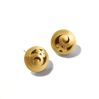 A pair of gold plated post earrings with a flat disc back. Brighton