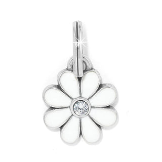 A silver-plated daisy-shaped charm with a central European crystal, attached to a metal ring. Brighton