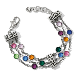 A multicolor tri-strand bracelet with silver accents and a variety of colorful gemstone beads. Brighton