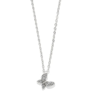 A silver-plated necklace featuring a butterfly charm and semi-precious beads with a lobster claw closure.