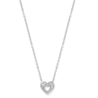 A silver-plated necklace featuring a heart-shaped pendant with crystals, with a lobster claw closure. Brighton